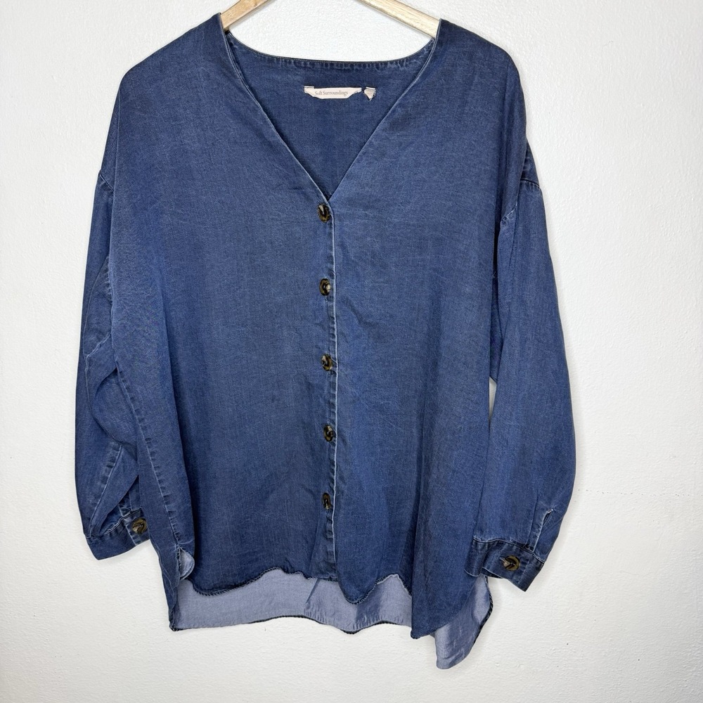 Soft Surroundings‎ Lyocell Chambray Blue Tunic Top Button Front Women's 1X